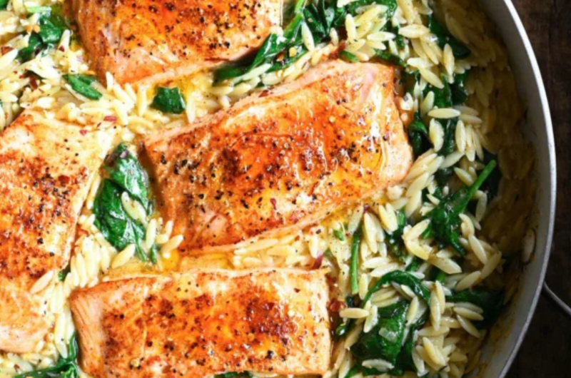 One Skillet Salmon with Lemon Orzo