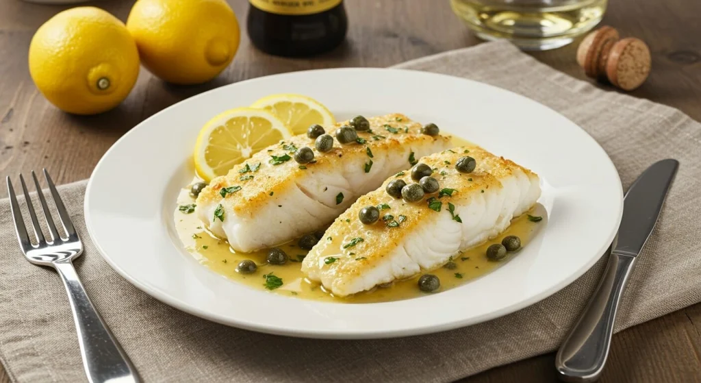 Close-up of Cod Piccata fillet with lemon and caper sauce