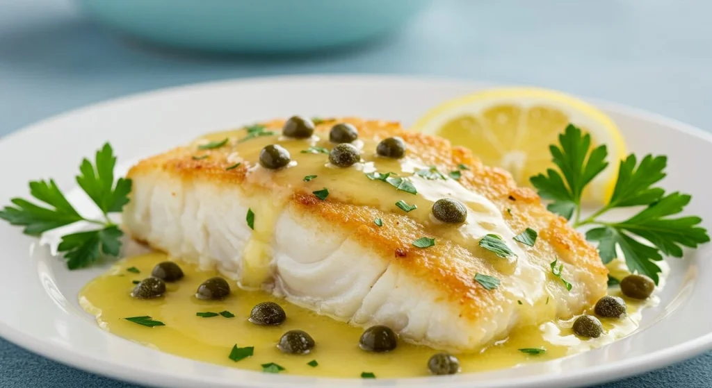 Cod Piccata with seared fish fillets, lemon slices, and caper sauce