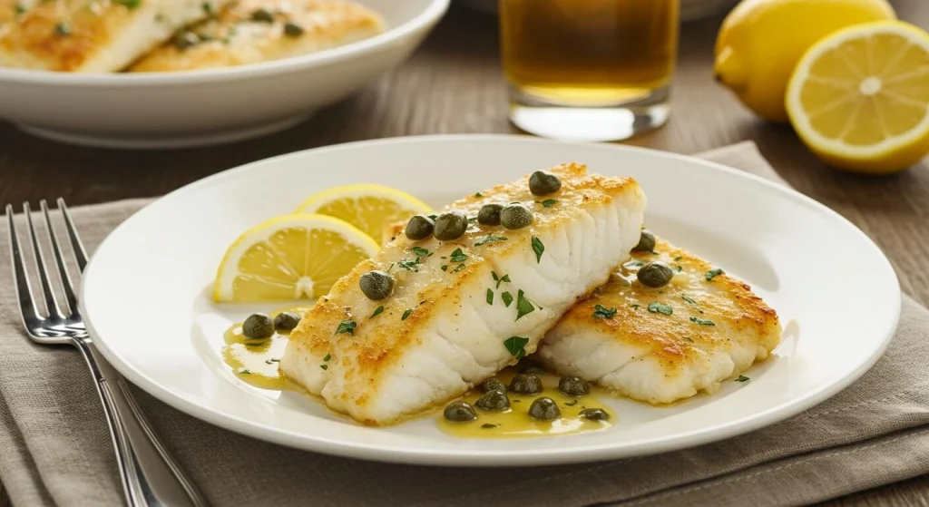 Cod Piccata served on an elegant dinner table with lemon slices