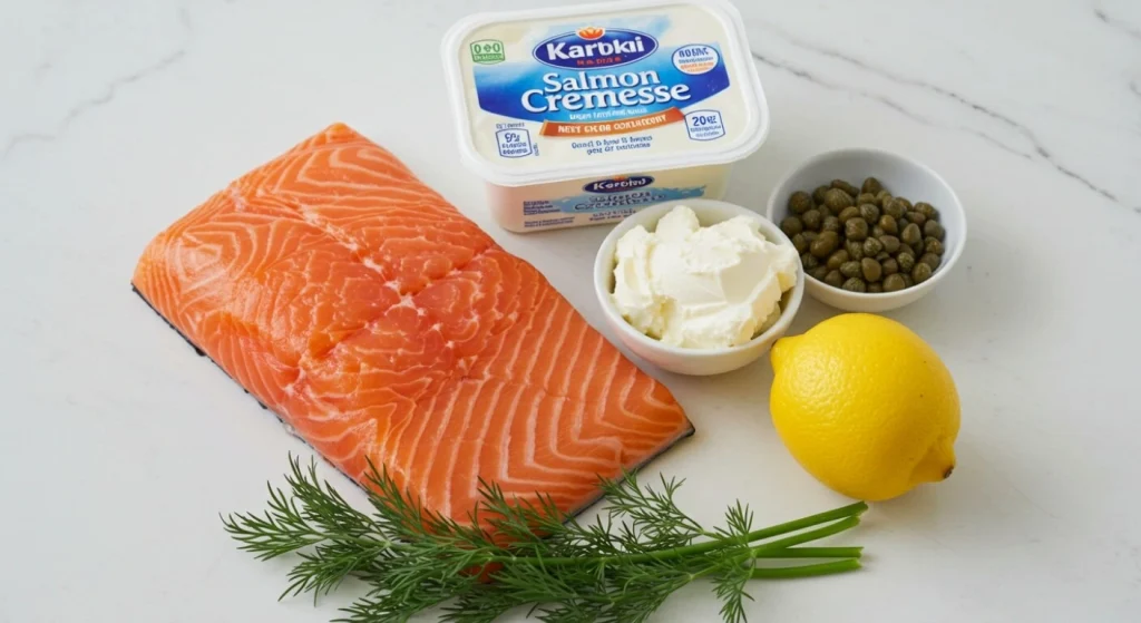 Plated salmon cream cheese spread served with crackers, smoked salmon, and fresh garnishes