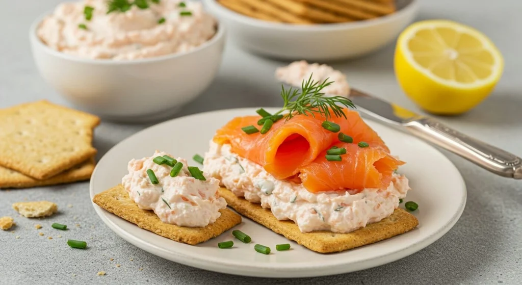 Close-up of creamy salmon cream cheese spread on crackers with smoked salmon and fresh herbs