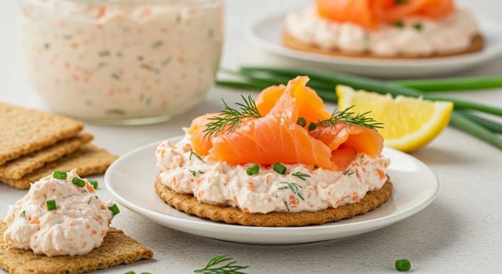 A bowl of creamy salmon cream cheese dip with fresh dill, chives, and lemon wedges