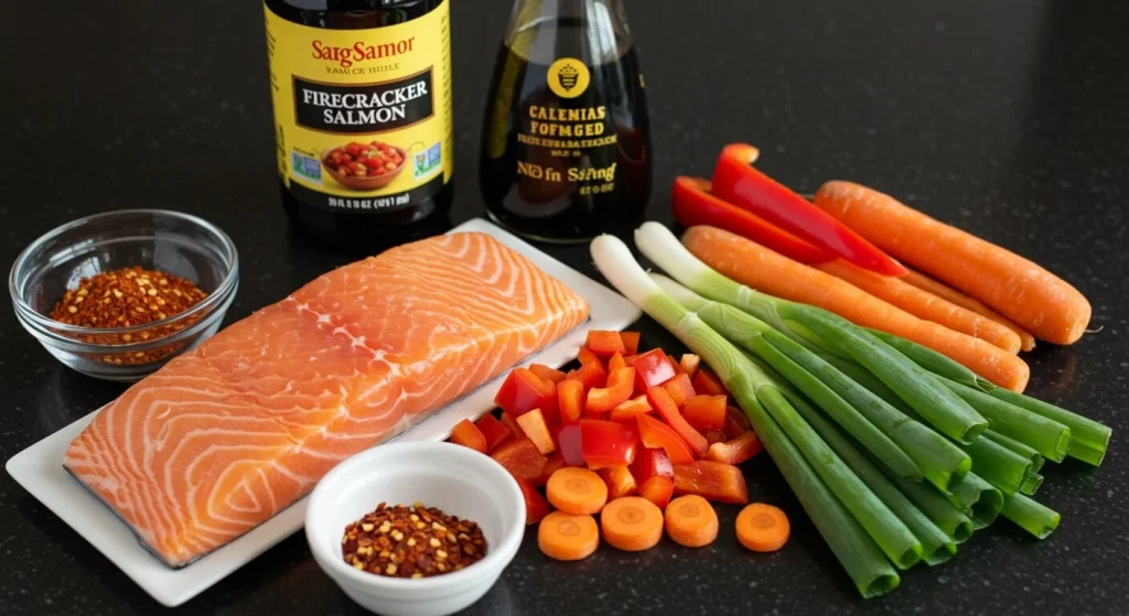 Close-up of firecracker salmon with spicy glaze