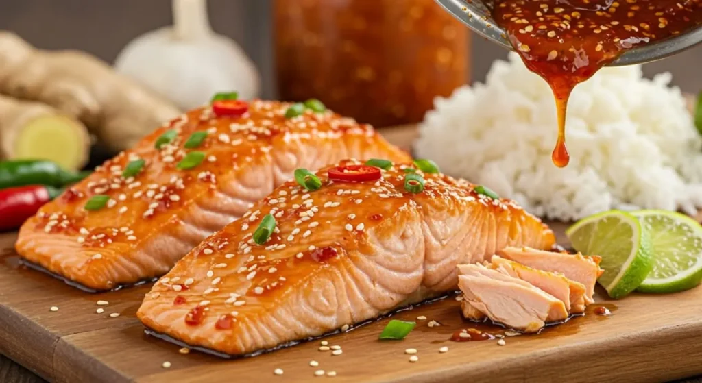 Serving firecracker salmon with healthy sides