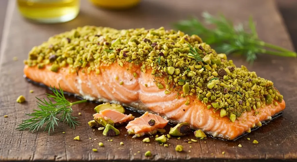 Pistachio salmon fillets baked to perfection with a golden, crispy pistachio crust.