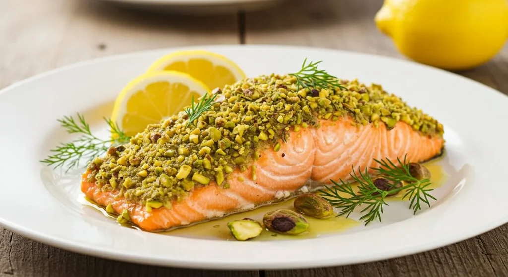 Pistachio salmon served with roasted asparagus and quinoa on a plate.