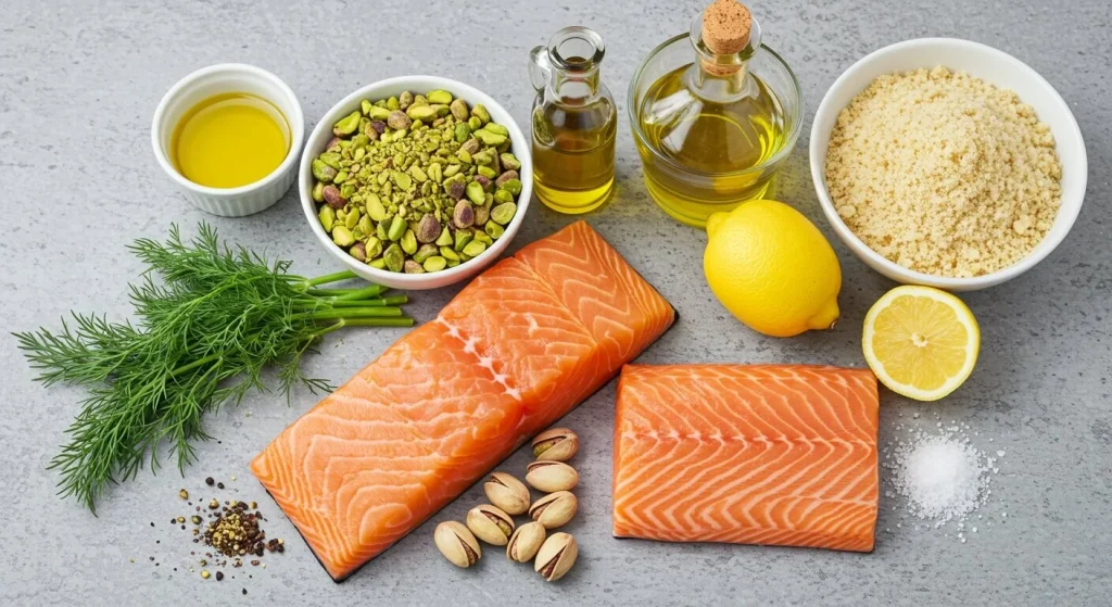 Pistachio salmon fillets topped with a crunchy pistachio crust before baking.