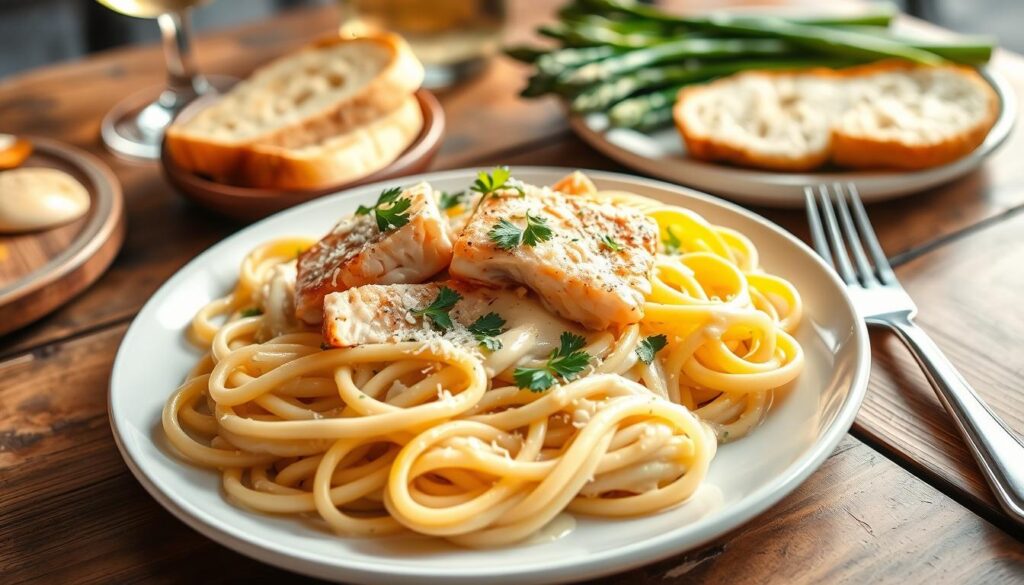 salmon alfredo dish