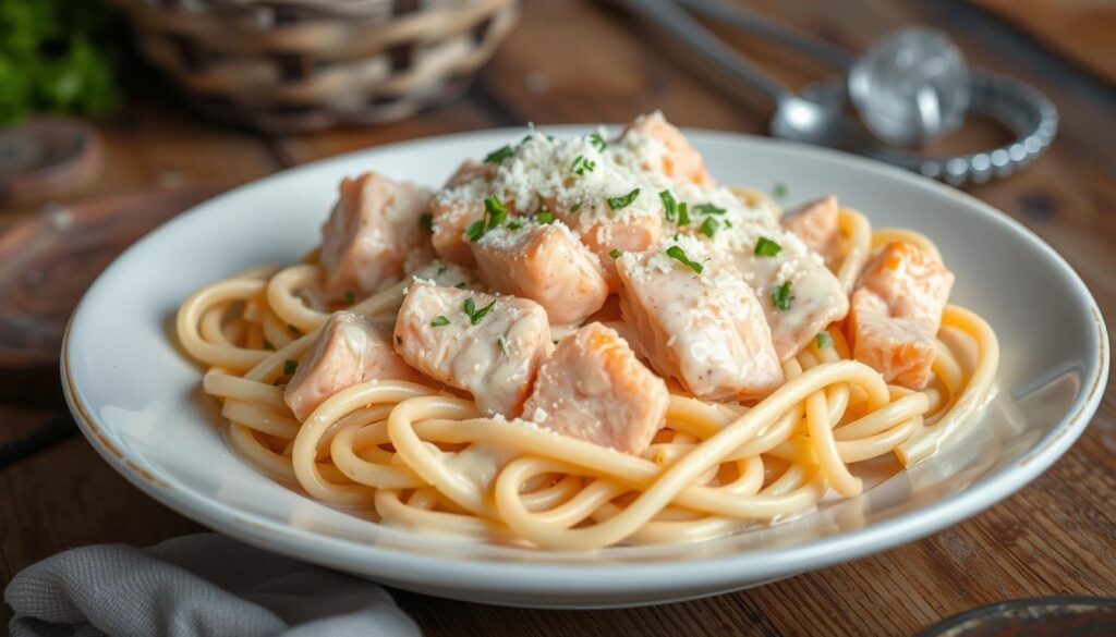 salmon alfredo dish